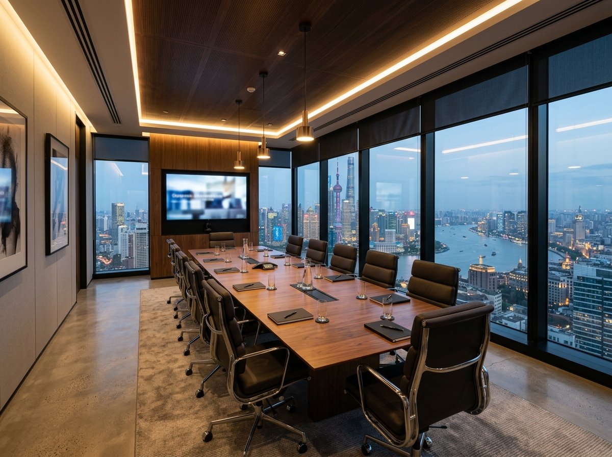 Luxury corporate office interior overlooking city skyline