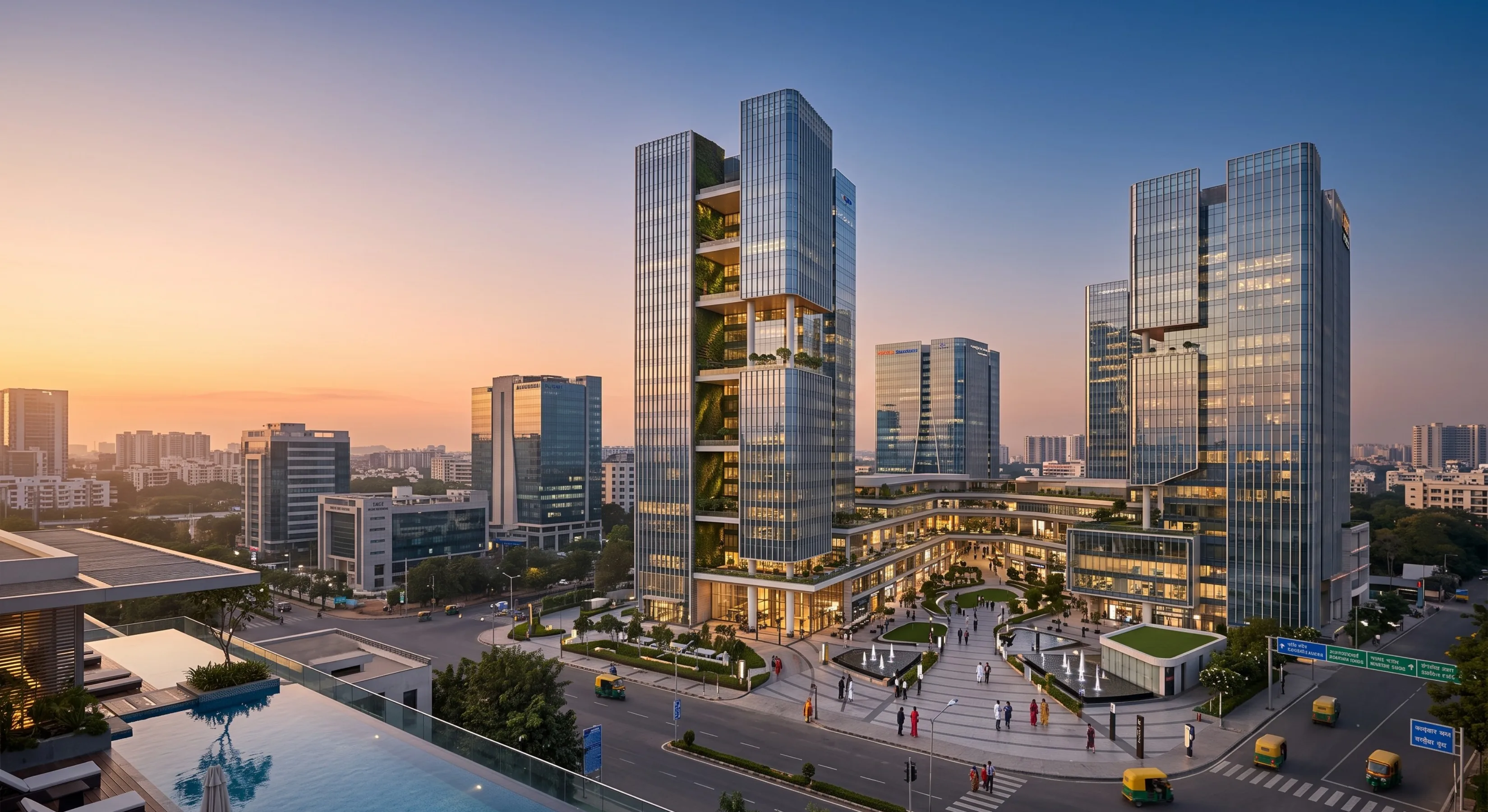 Commercial business district at dusk — glass office towers and a landscaped plaza
